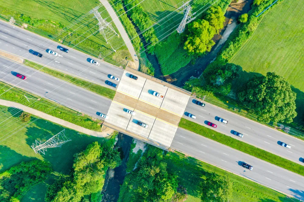 Aerial view of commercial vehicles and traffic on a highway